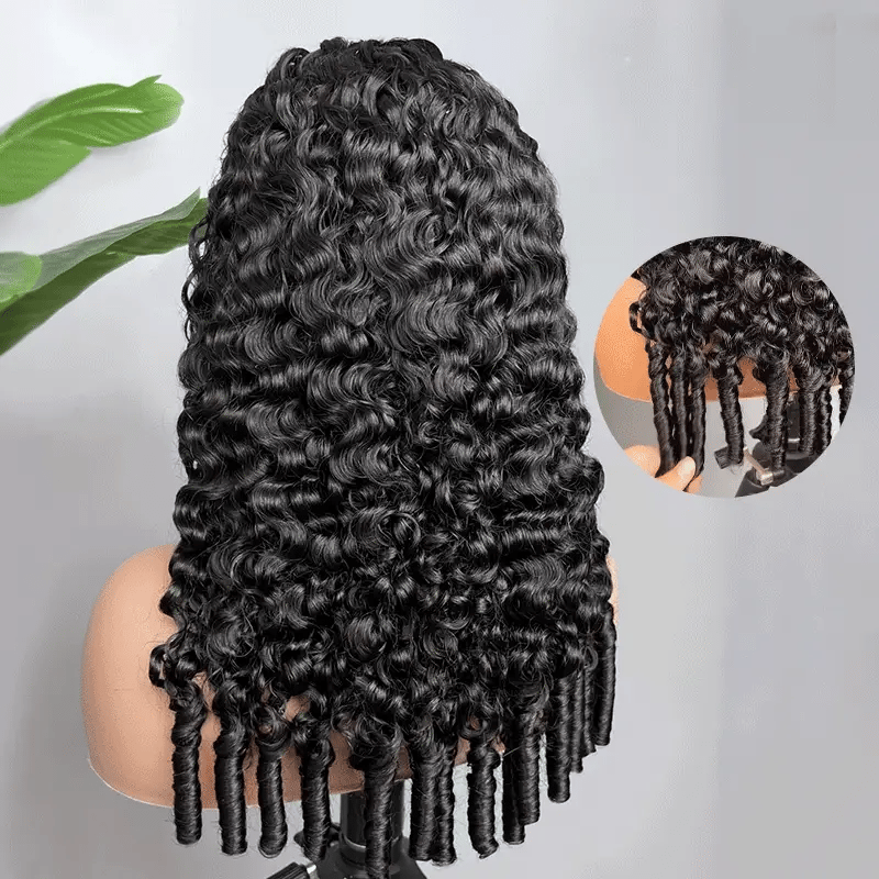 Back view of the Mimicing Burmese curly glueless half wig made from virgin hair, showcasing voluminous defined curls and a close-up inset of the ringlet hair texture.