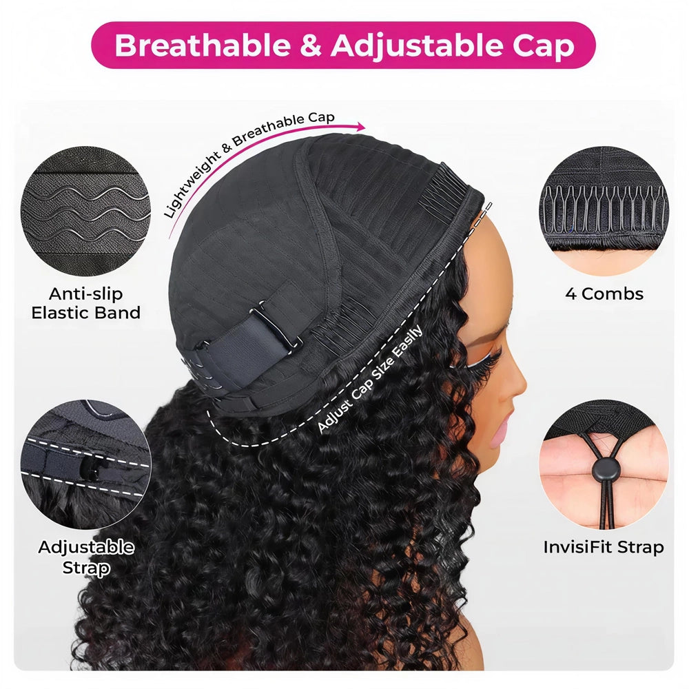 Technical diagram of the Mimicing Burmese curly breathable and adjustable half wig cap, featuring an anti-slip elastic band, 4 secured combs, and an InvisiFit strap for easy size adjustment.