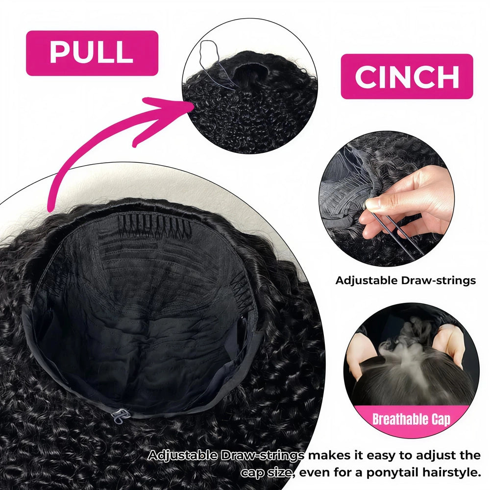 Technical features of the Mimicing Burmese curly half wig cap: adjustable draw-strings for a custom fit, breathable cap construction, and pull-and-cinch instructions for secure ponytail styling.