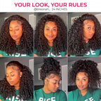 6-frame styling collage of the 24-inch Mimicing Burmese curly glueless virgin hair half wig, demonstrating versatility with looks including hair worn down, half-up, and in a high bun.