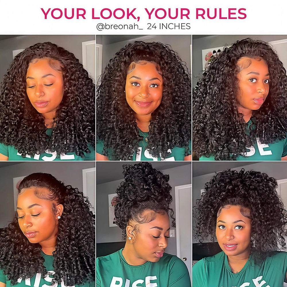 6-frame styling collage of the 24-inch Mimicing Burmese curly glueless virgin hair half wig, demonstrating versatility with looks including hair worn down, half-up, and in a high bun.
