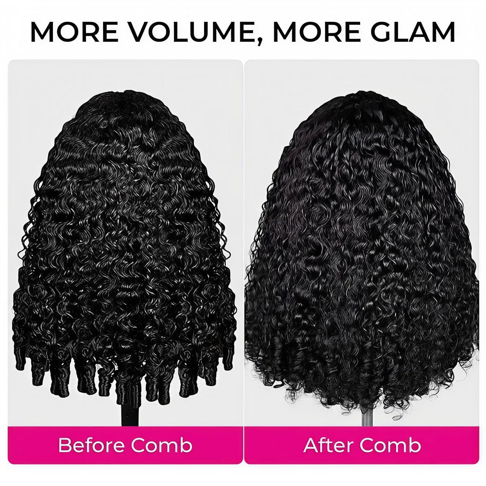 Before and after comb comparison of the Mimicing Burmese curly glueless virgin hair half wig, demonstrating the increased volume and glam of the defined ringlet texture.