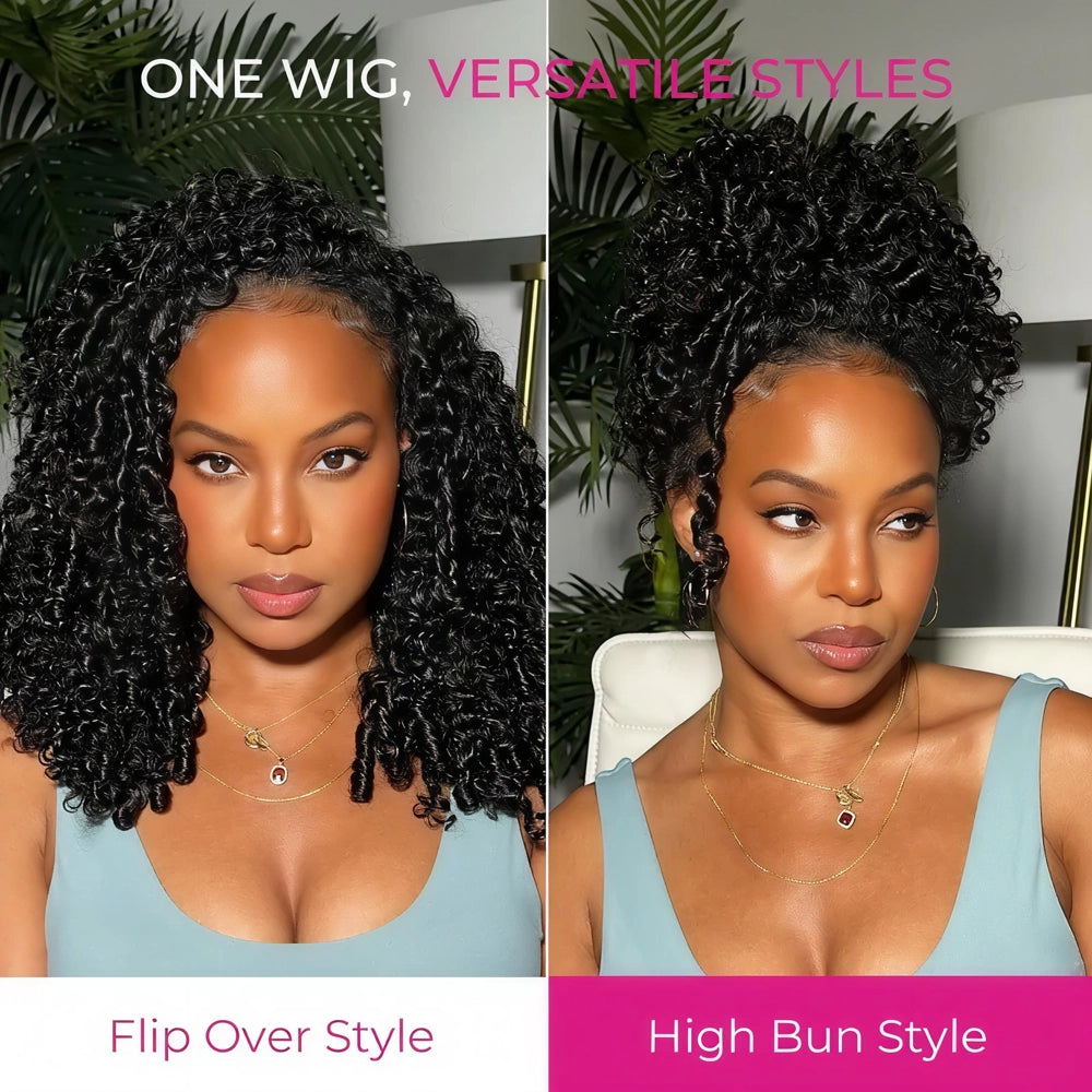Side-by-side styling comparison of the Mimicing Burmese curly glueless virgin hair half wig, demonstrating versatile looks including a voluminous 'Flip Over Style' and a chic 'High Bun Style'.