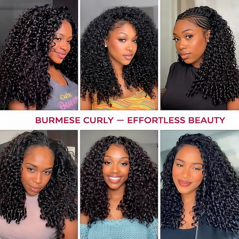 6-frame styling collage for the Mimicing Burmese curly glueless virgin hair half wig, highlighting 'Effortless Beauty' with various voluminous and natural curly looks.