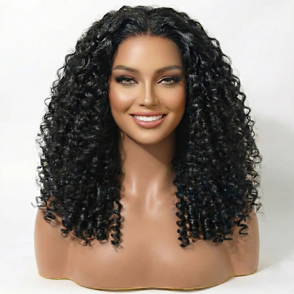 Front view of the Mimicing Burmese Curly glueless virgin hair half wig on a mannequin, showcasing voluminous, defined tight curls and a natural seamless hairline.