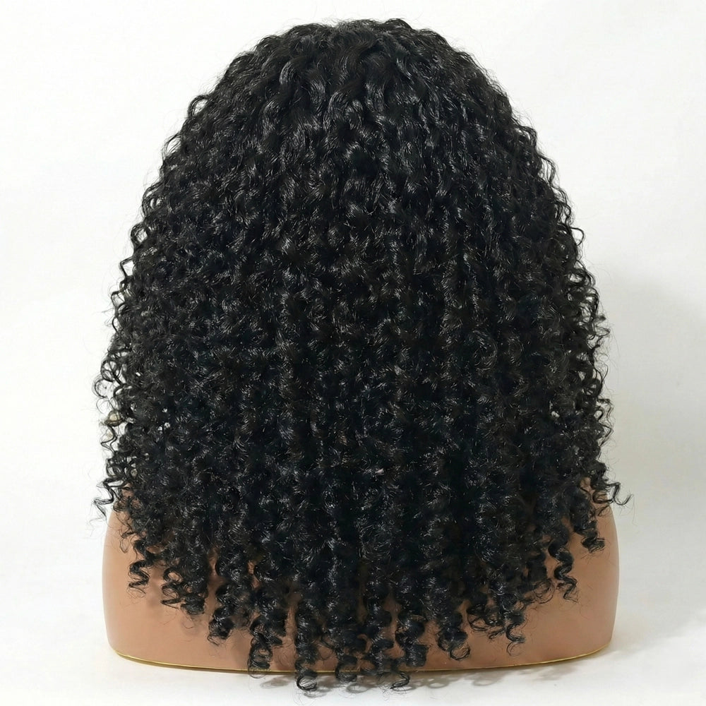 Back view of the Mimicing Burmese Curly glueless virgin hair half wig on a mannequin, showcasing the full volume and uniform density of the defined tight curls.