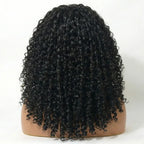 Back view of the Mimicing Burmese Curly glueless virgin hair half wig on a mannequin, showcasing the full volume and uniform density of the defined tight curls.