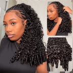 Styling collage of the Mimicing Burmese curly glueless half wig, showcasing the natural blend, side profile, and defined bouncy ringlet texture.