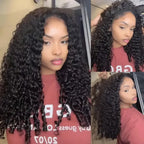 3-frame styling collage of the Mimicing Burmese curly glueless virgin hair half wig, highlighting the voluminous and defined curly texture from different angles.