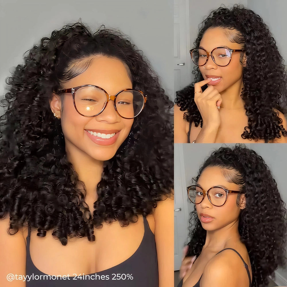 3-frame styling collage of the 24-inch Mimicing Burmese curly glueless half wig with 250% density, demonstrating a natural voluminous look with a half-up hairstyle.