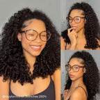 3-frame styling collage of the 24-inch Mimicing Burmese curly glueless half wig with 250% density, demonstrating a natural voluminous look with a half-up hairstyle.