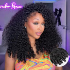 Mimicing Burmese curly glueless virgin hair half wig styled on a model, showcasing a voluminous curly look with a close-up inset of the defined ringlet texture.
