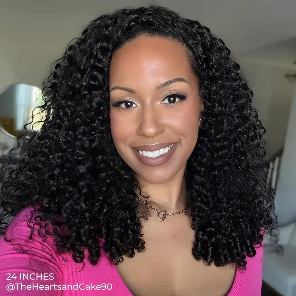 24-inch Mimicing Burmese curly glueless virgin hair half wig, showcasing a voluminous and natural defined curly look in a bright indoor setting.
