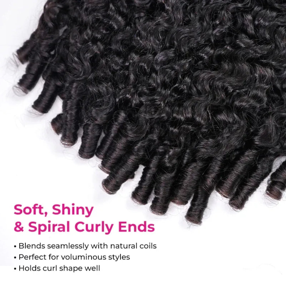 Close-up of Mimicing Burmese curly virgin hair ends, highlighting the soft, shiny, and defined spiral curl texture that blends seamlessly with natural coils.