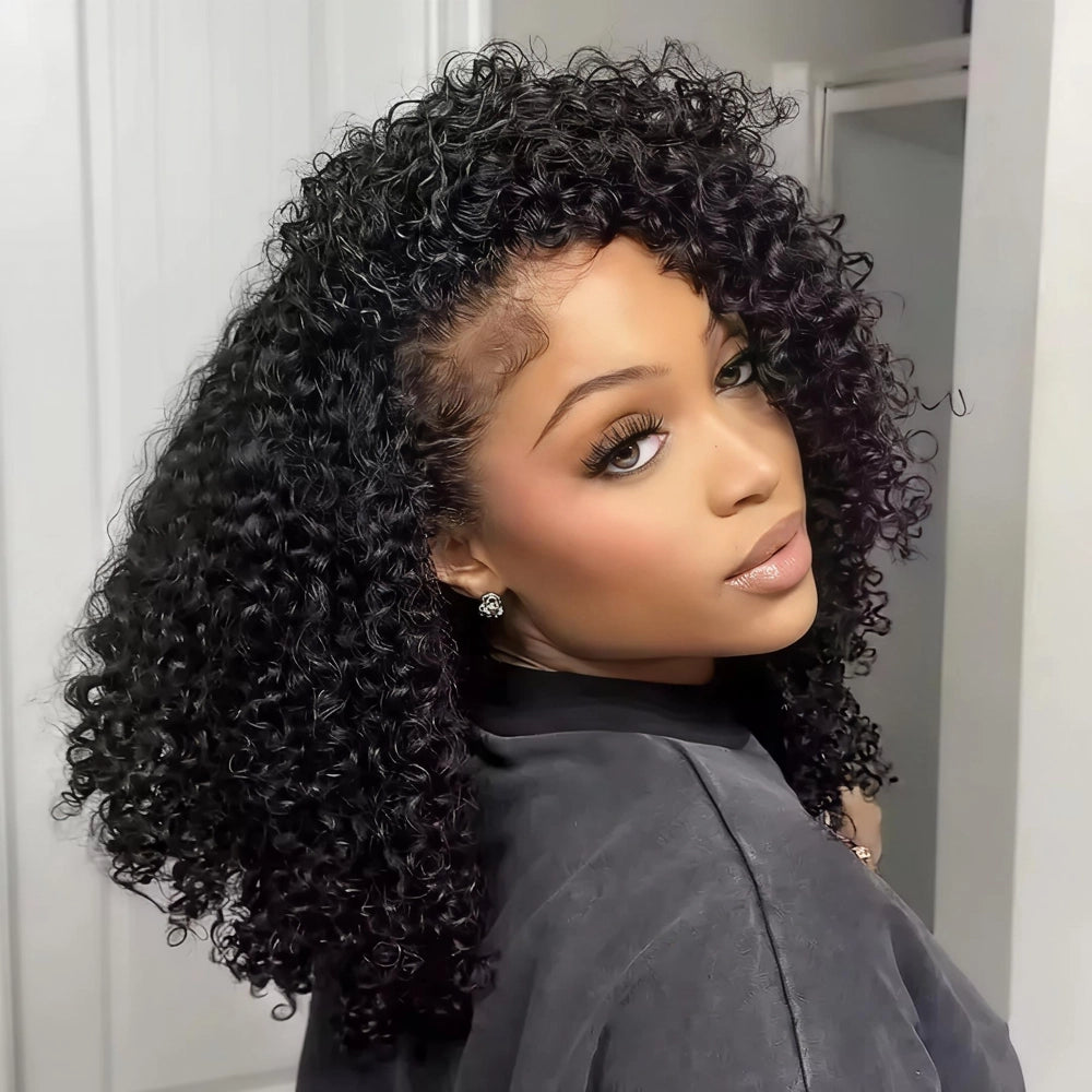 Mimicing Kinky Curly glueless virgin hair half wig, showcasing a voluminous and natural afro-textured curly look with a seamless blend at the hairline.