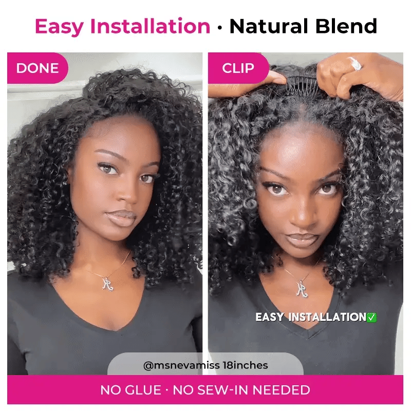 Step-by-step installation of the 18-inch Mimicing Kinky Curly glueless half wig, demonstrating the 'Clip' and 'Done' stages for a seamless natural blend without glue or sew-in.