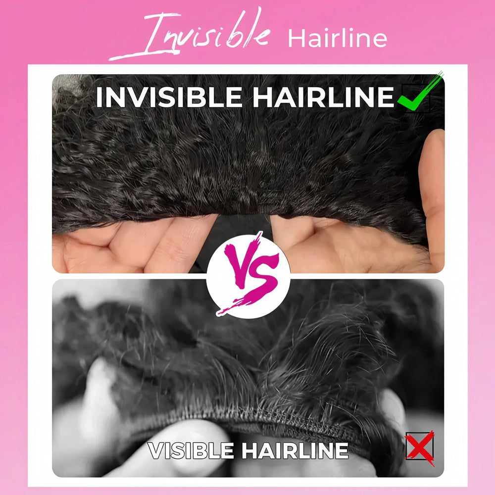 Side-by-side comparison of the Mimicing Kinky Curly glueless half wig's 'Invisible Hairline' vs a standard 'Visible Hairline', highlighting the seamless and natural edge for an undetectable look.