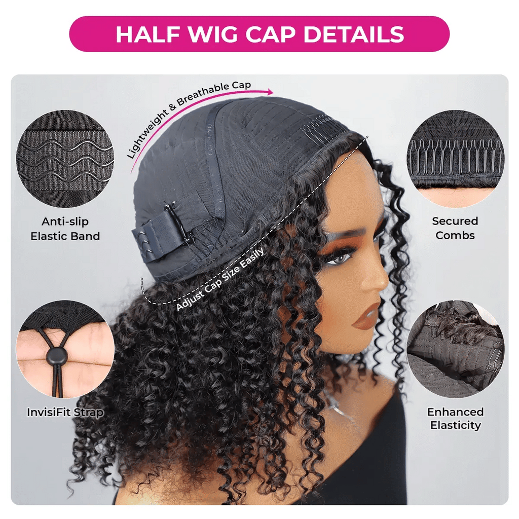 Technical diagram of the Mimicing Kinky Curly half wig cap features: anti-slip elastic band, breathable lightweight construction, 4 secured combs, and InvisiFit strap for easy size adjustment.
