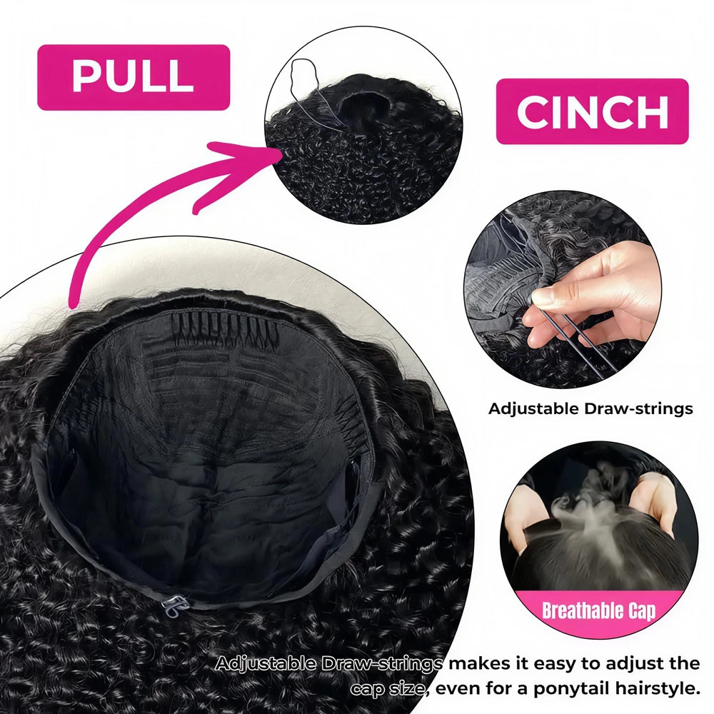 Technical demonstration of the Mimicing Kinky Curly half wig breathable cap, featuring adjustable draw-strings with 'Pull' and 'Cinch' steps to easily adjust the cap size for a secure ponytail hairstyle.