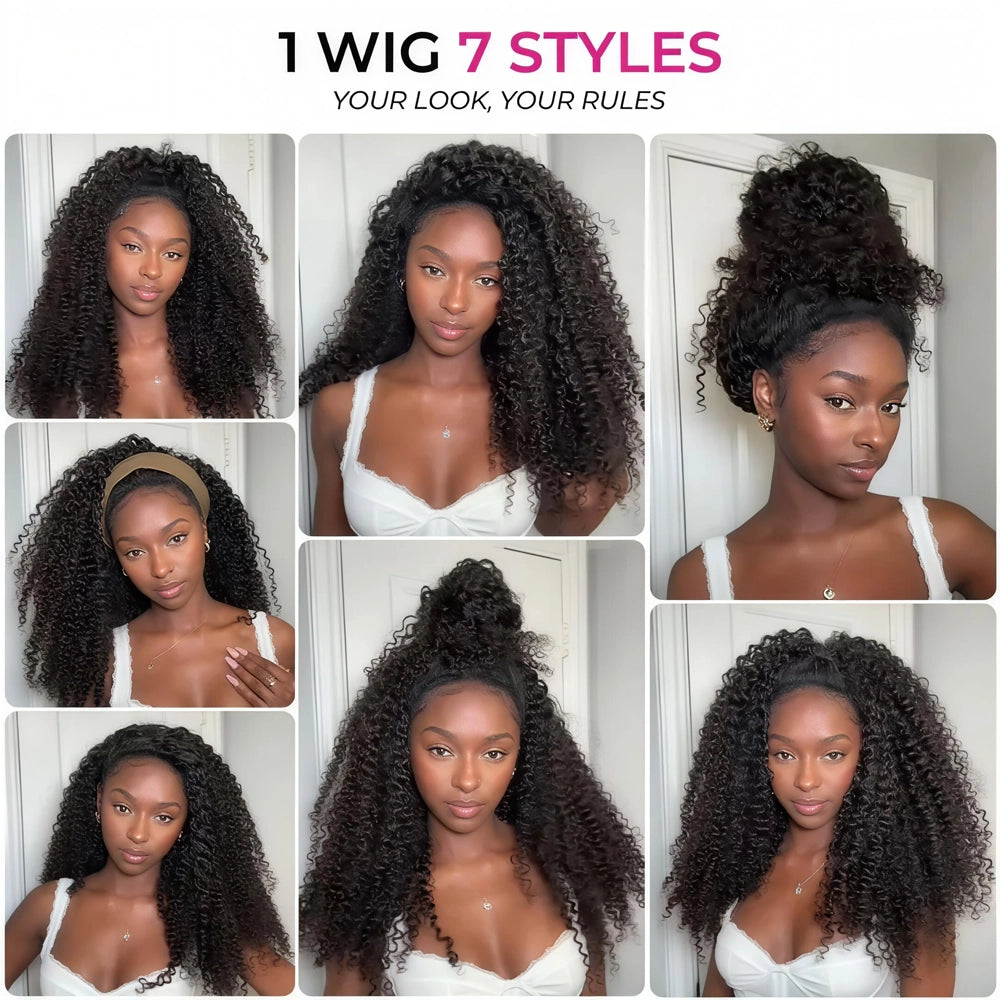7-frame styling collage of the Mimicing Kinky Curly glueless virgin hair half wig, demonstrating versatility with various looks including hair worn down, with a headband, and in a high bun.