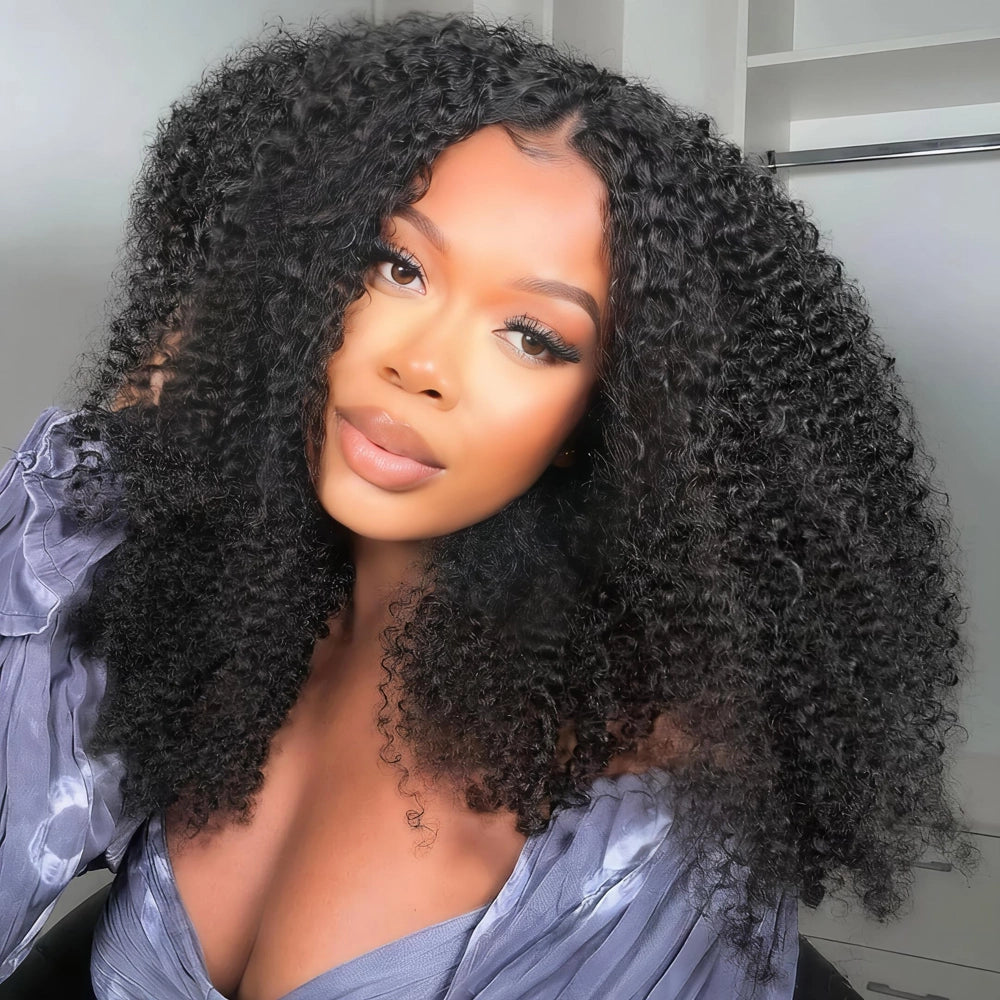 Mimicing Kinky Curly glueless virgin hair half wig, showcasing a voluminous and natural afro-textured curly look with a seamless blend at the hairline.