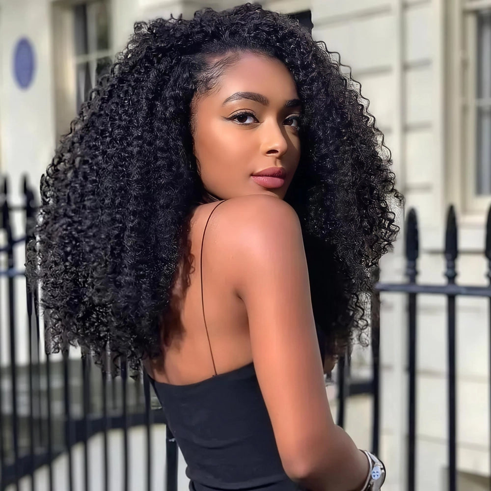 Mimicing Kinky Curly glueless virgin hair half wig, showcasing a voluminous and natural afro-textured curly look for an elegant outdoor style.