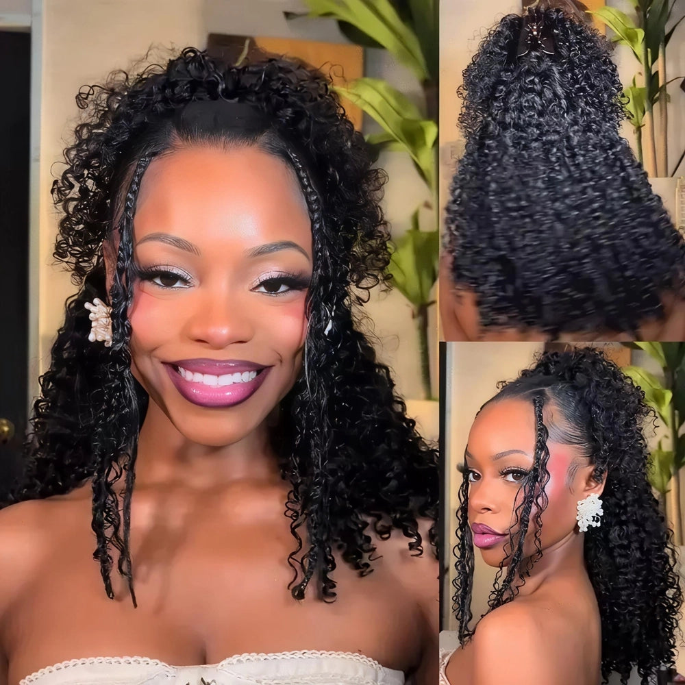 3-frame styling collage of the Mimicing Kinky Curly glueless virgin hair half wig, featuring a half-up ponytail style and face-framing curls to showcase versatility.
