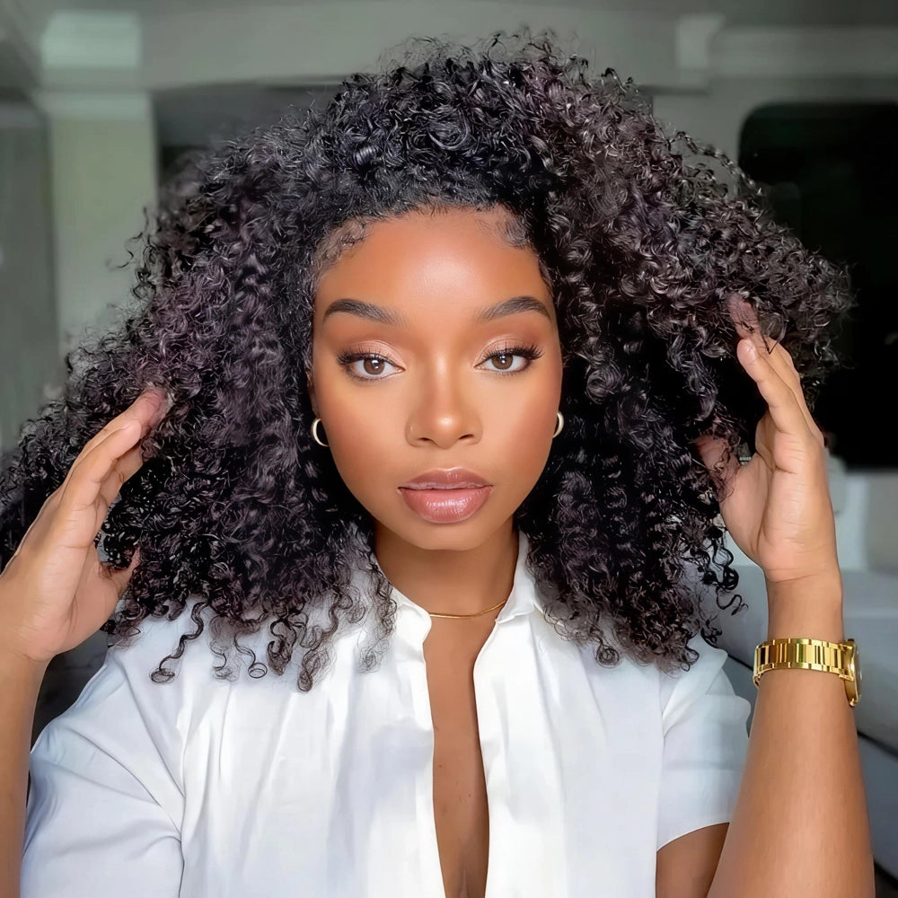 Mimicing Kinky Curly glueless virgin hair half wig, showcasing a full-volume afro-textured look with soft, natural defined curls and a seamless blend.