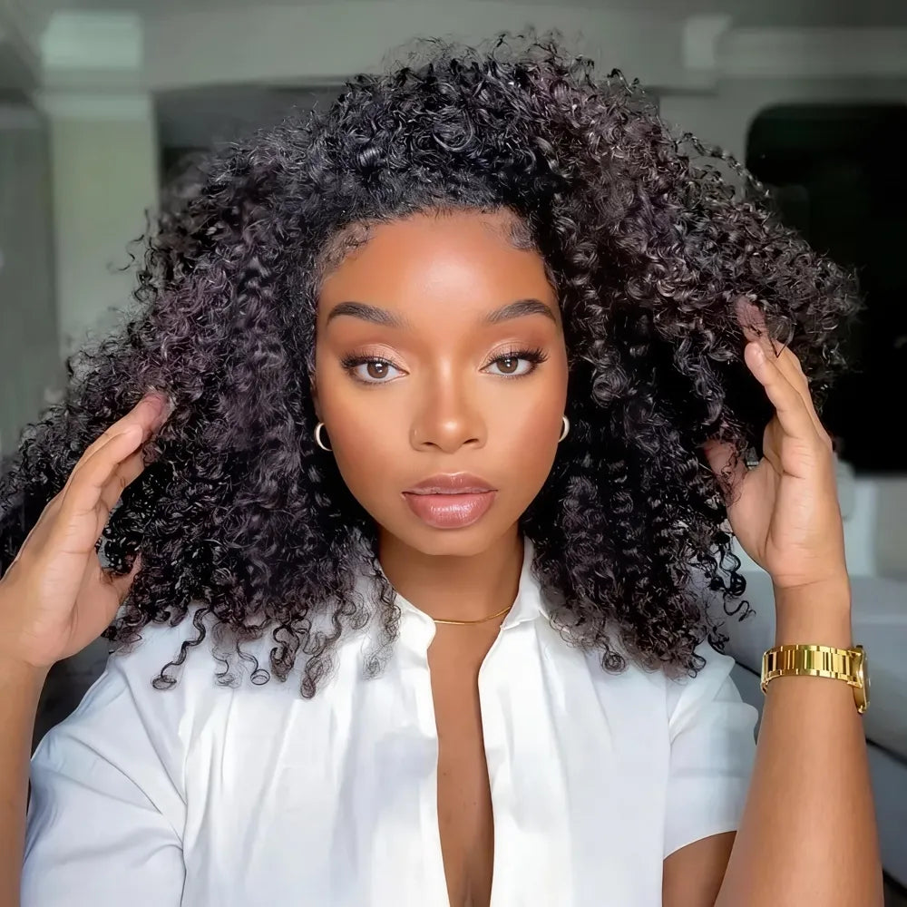 Mimicing Kinky Curly glueless virgin hair half wig, showcasing a full-volume afro-textured look with soft, natural defined curls and a seamless blend.
