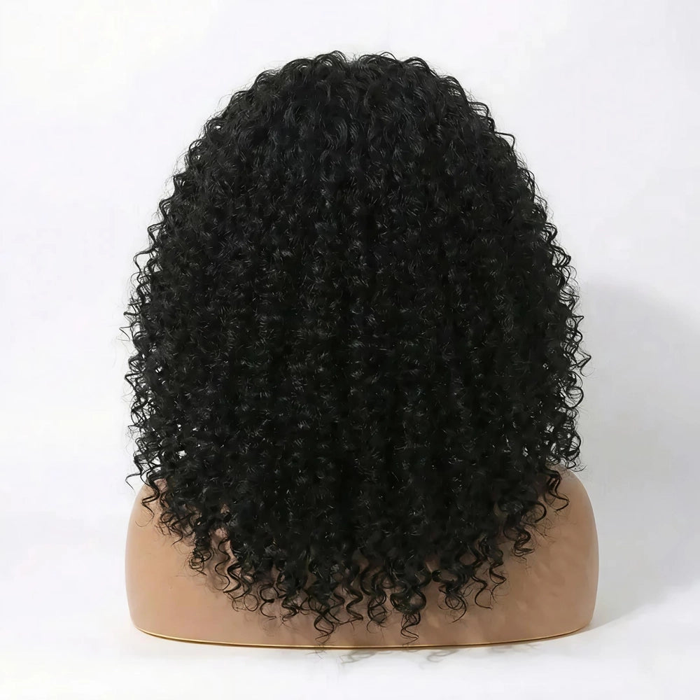 Back view of the Mimicing Kinky Curly glueless virgin hair half wig on a mannequin, showcasing a full, voluminous afro-textured curl pattern with a natural tapered finish.