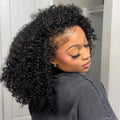 Mimicing Kinky Curly glueless virgin hair half wig, showcasing a voluminous and natural afro-textured curly look from a side-angled profile view.