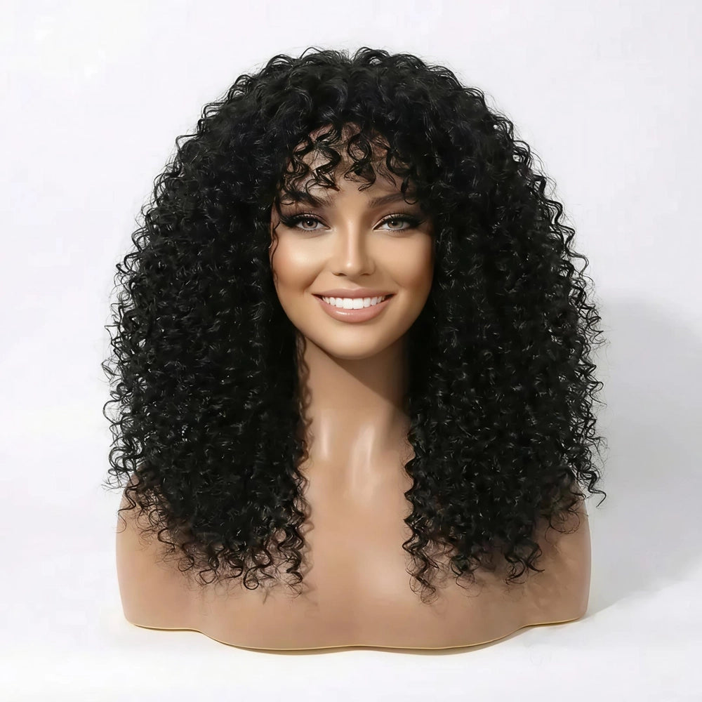 Front view of the Mimicing Kinky Curly glueless virgin hair half wig on a mannequin, showcasing a full-volume afro-textured look with natural defined curls and bangs.