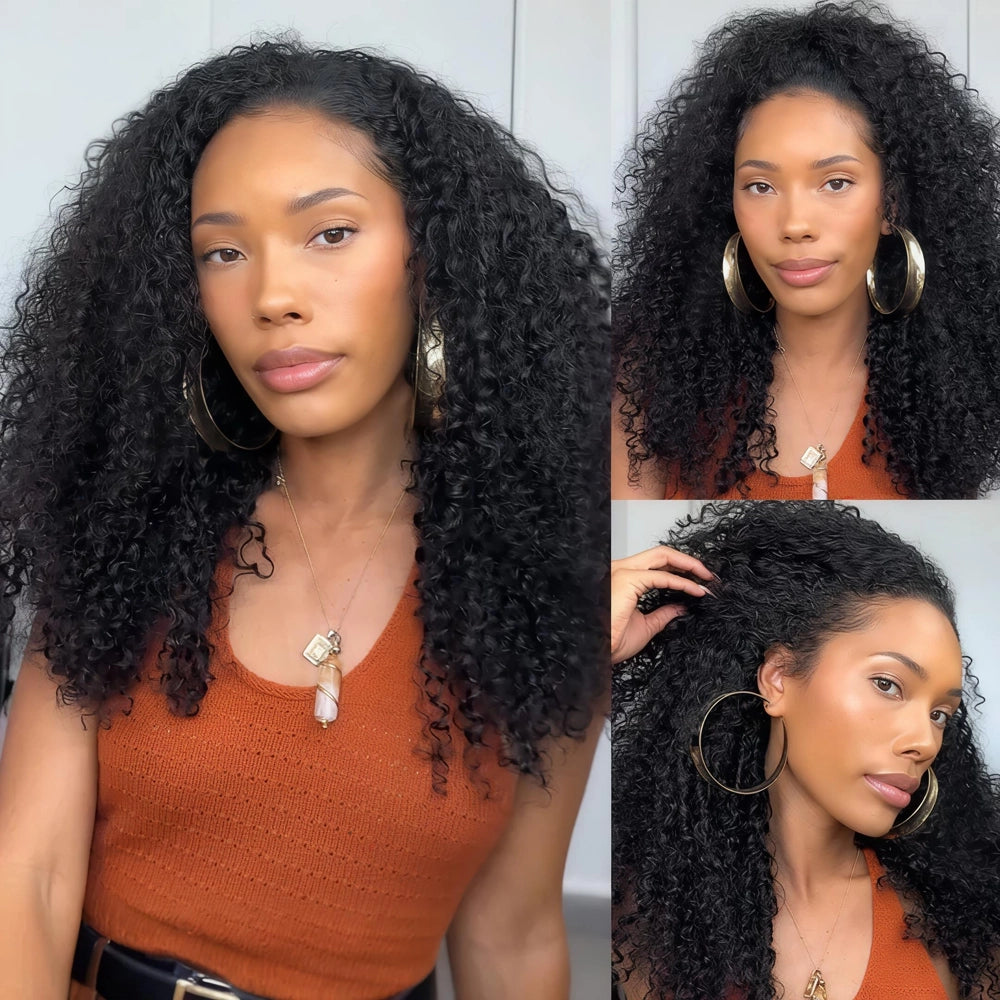 3-frame styling collage of the Mimicing Kinky Curly glueless virgin hair half wig, showcasing a voluminous open hairstyle, side profile, and the seamless natural blend at the hairline.
