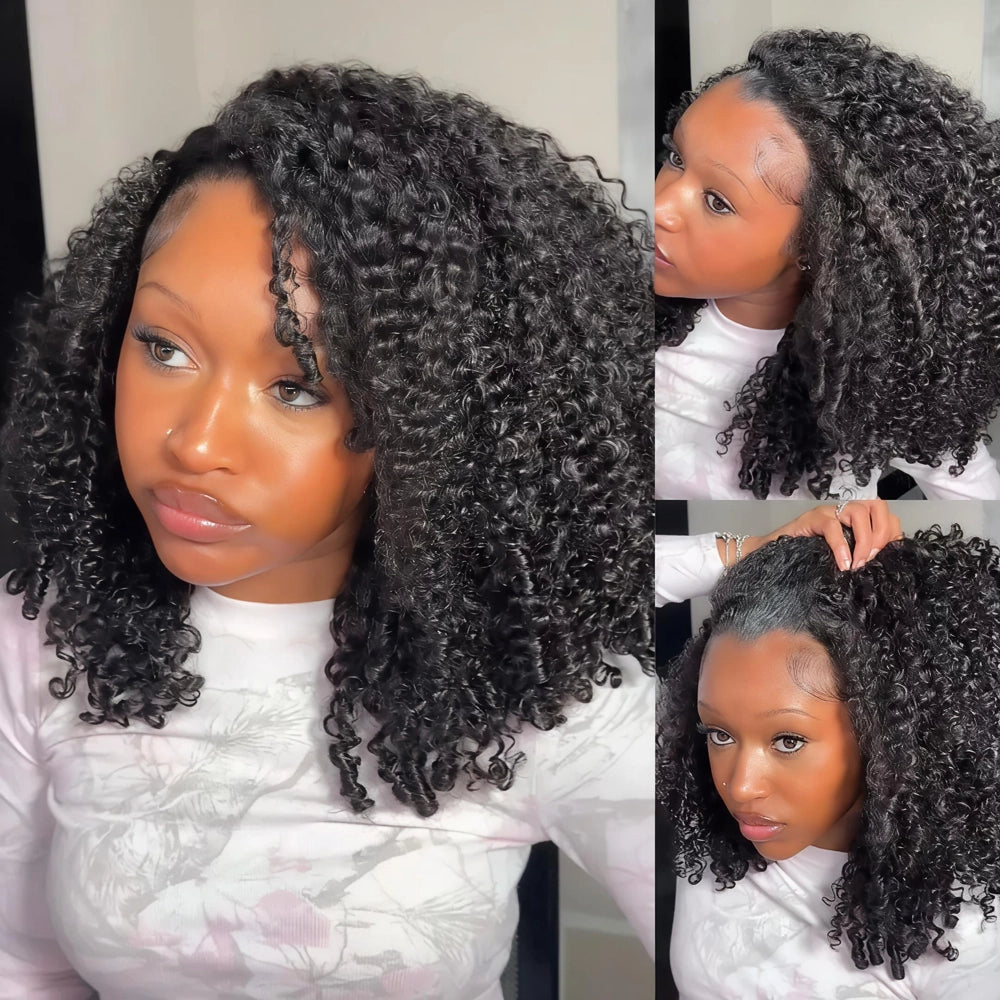 3-frame styling collage of the Mimicing Kinky Curly glueless virgin hair half wig, showcasing a front view, side profile, and a close-up of the seamless natural blend at the roots.