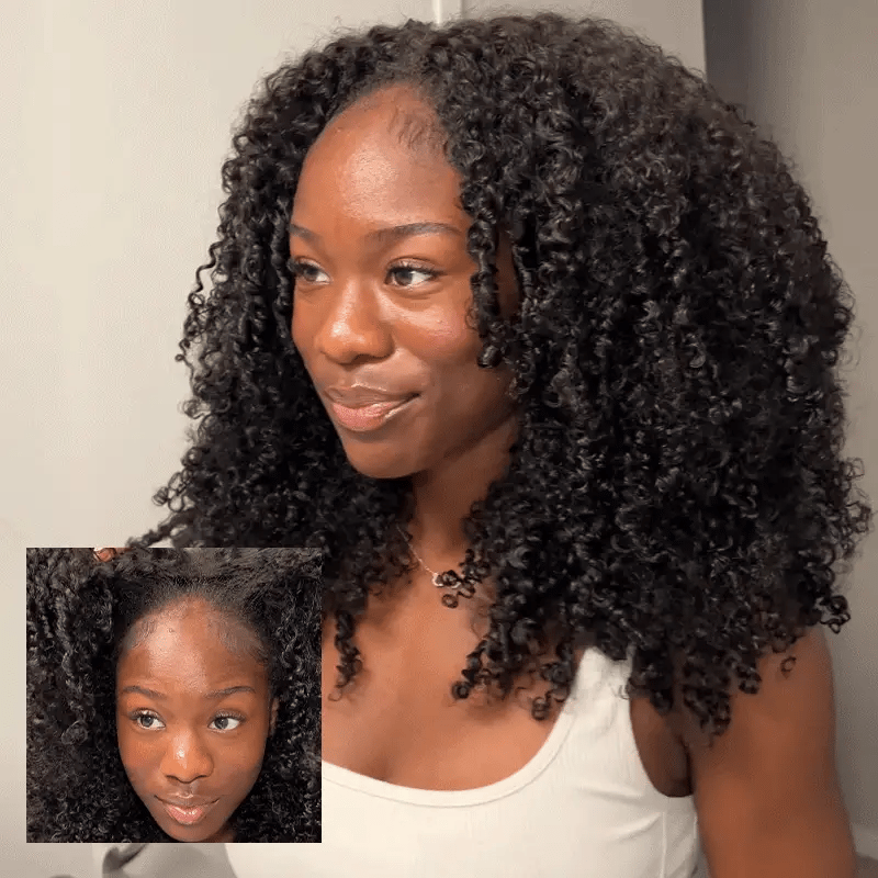Animated styling showcase of the Mimicing Kinky Curly glueless virgin hair half wig, featuring a close-up inset demonstrating a seamless natural blend at the hairline.