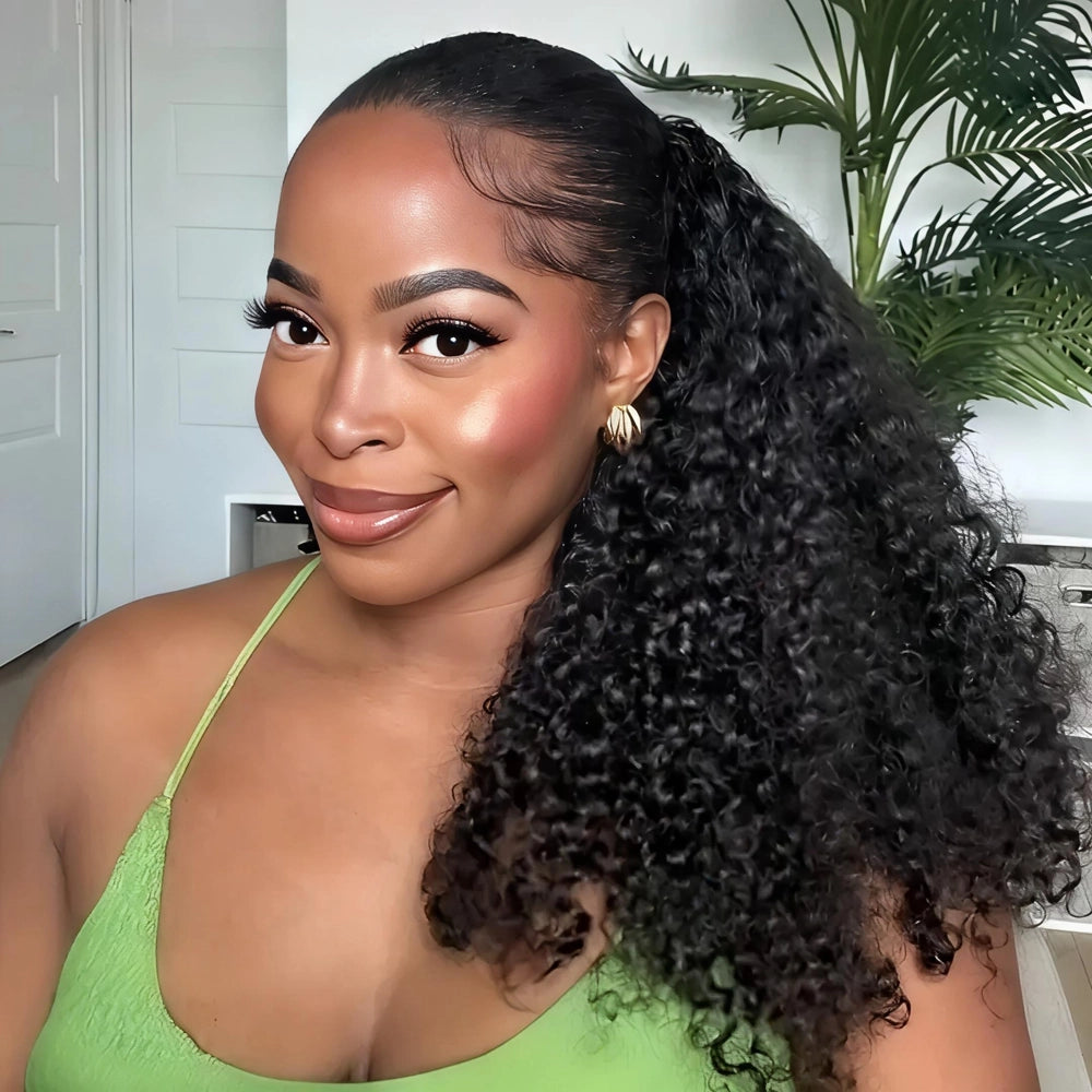 Mimicing Kinky Curly glueless virgin hair half wig styled in a sleek high ponytail, showcasing a voluminous natural curl pattern and a seamless blend at the hairline.