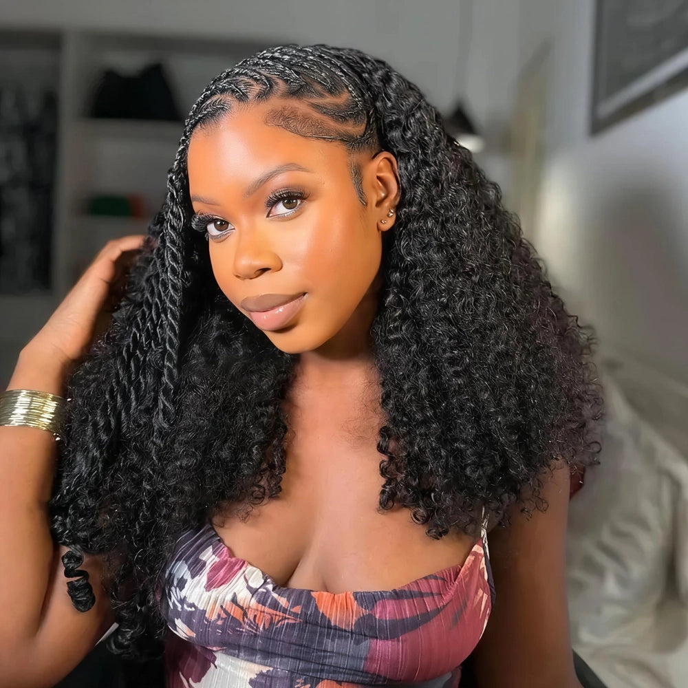 Mimicing Kinky Curly glueless virgin hair half wig featuring voluminous, natural afro-textured curls and a detailed braided hairline for an effortless, glamorous look.