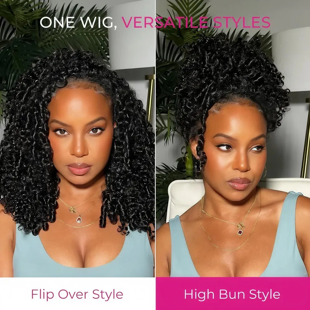 Side-by-side styling comparison of the Mimicing Kinky Curly glueless virgin hair half wig, demonstrating versatile looks including a voluminous 'Flip Over Style' and a chic 'High Bun Style'.