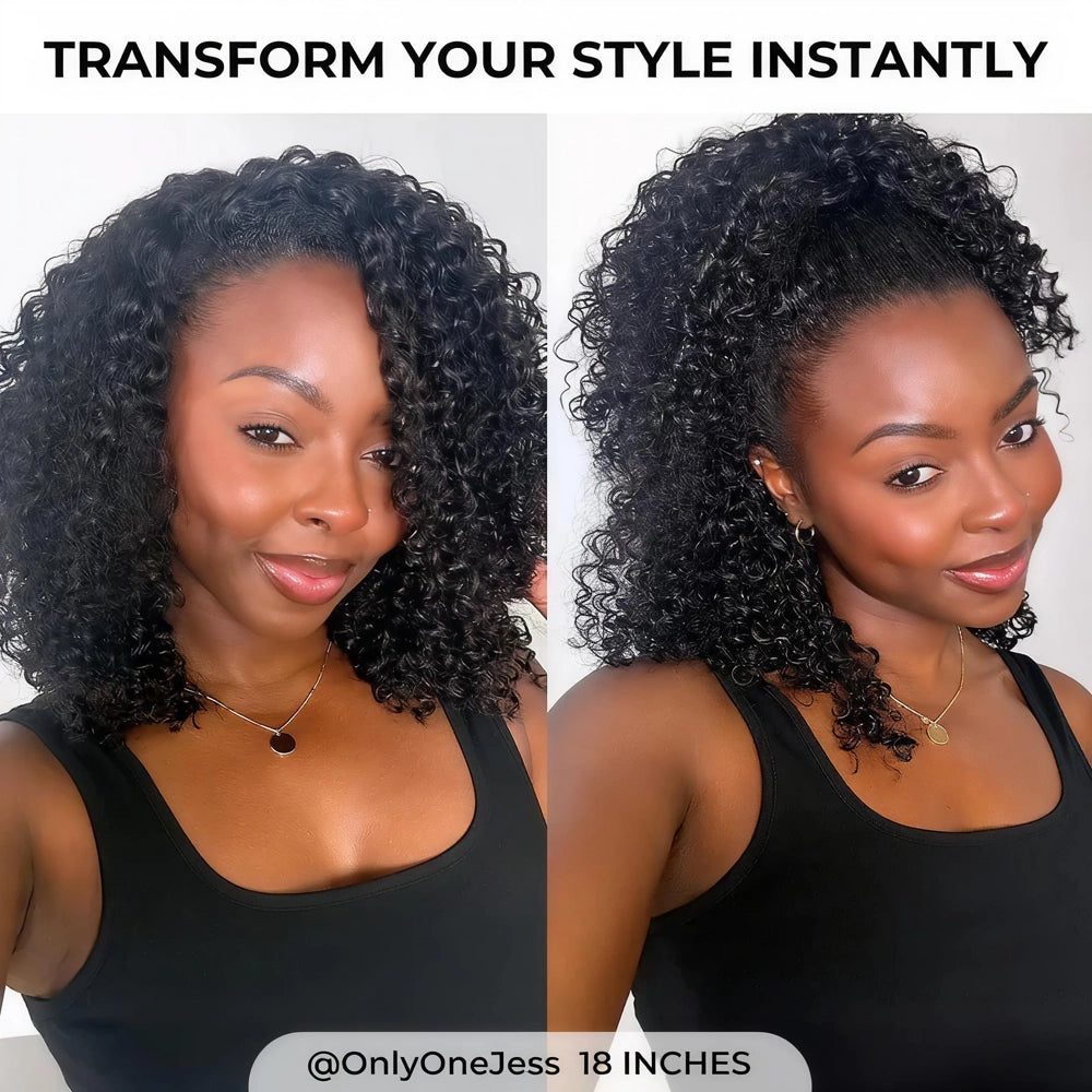Side-by-side styling transformation using the 18-inch Mimicing Kinky Curly glueless virgin hair half wig, demonstrating a natural voluminous look and an effortless high ponytail style.