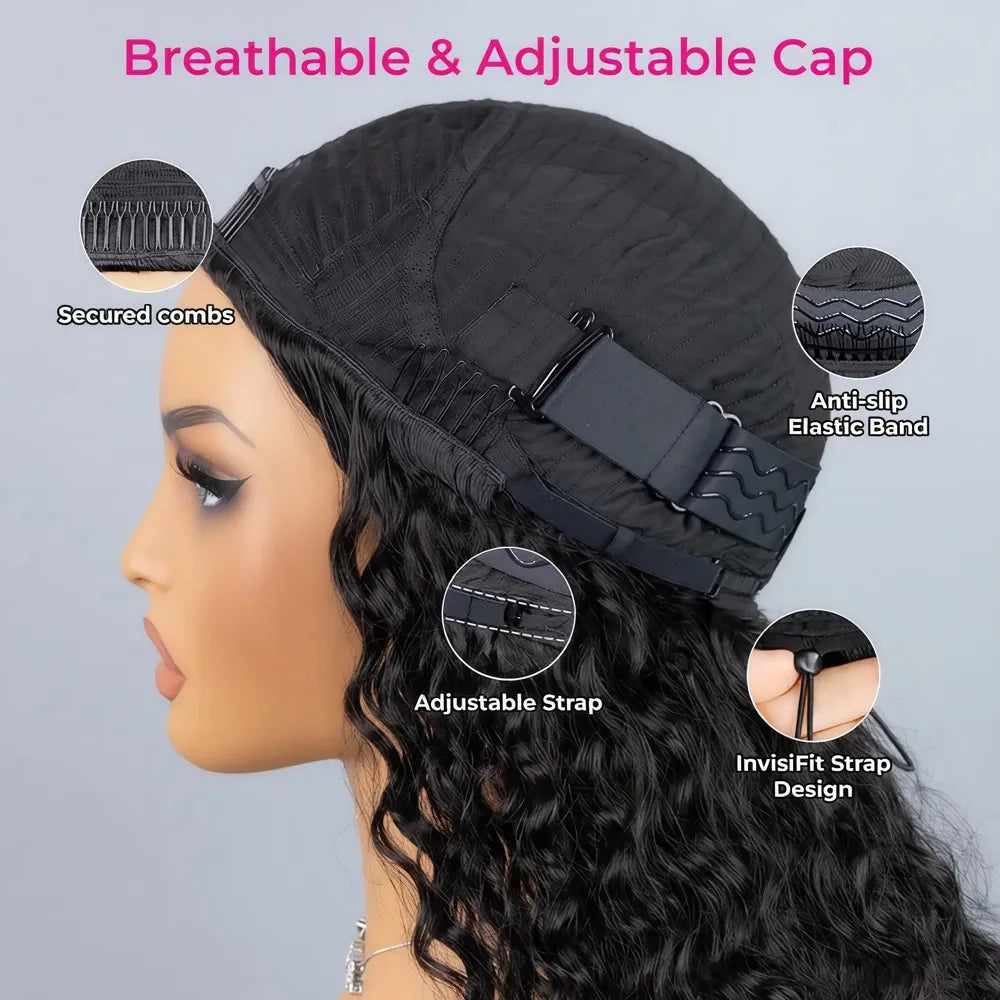 Internal view of the Mimicing breathable and adjustable wig cap, featuring secured combs, an anti-slip elastic band, and an InvisiFit strap design for a secure glueless fit.