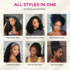 Collage showcasing six versatile hairstyles using the Mimicing glueless Water Wave half wig, including Half Braids, Flip Over Quick Weave, High Ponytail, Headband, Half Up Half Down, and High Bun styles.