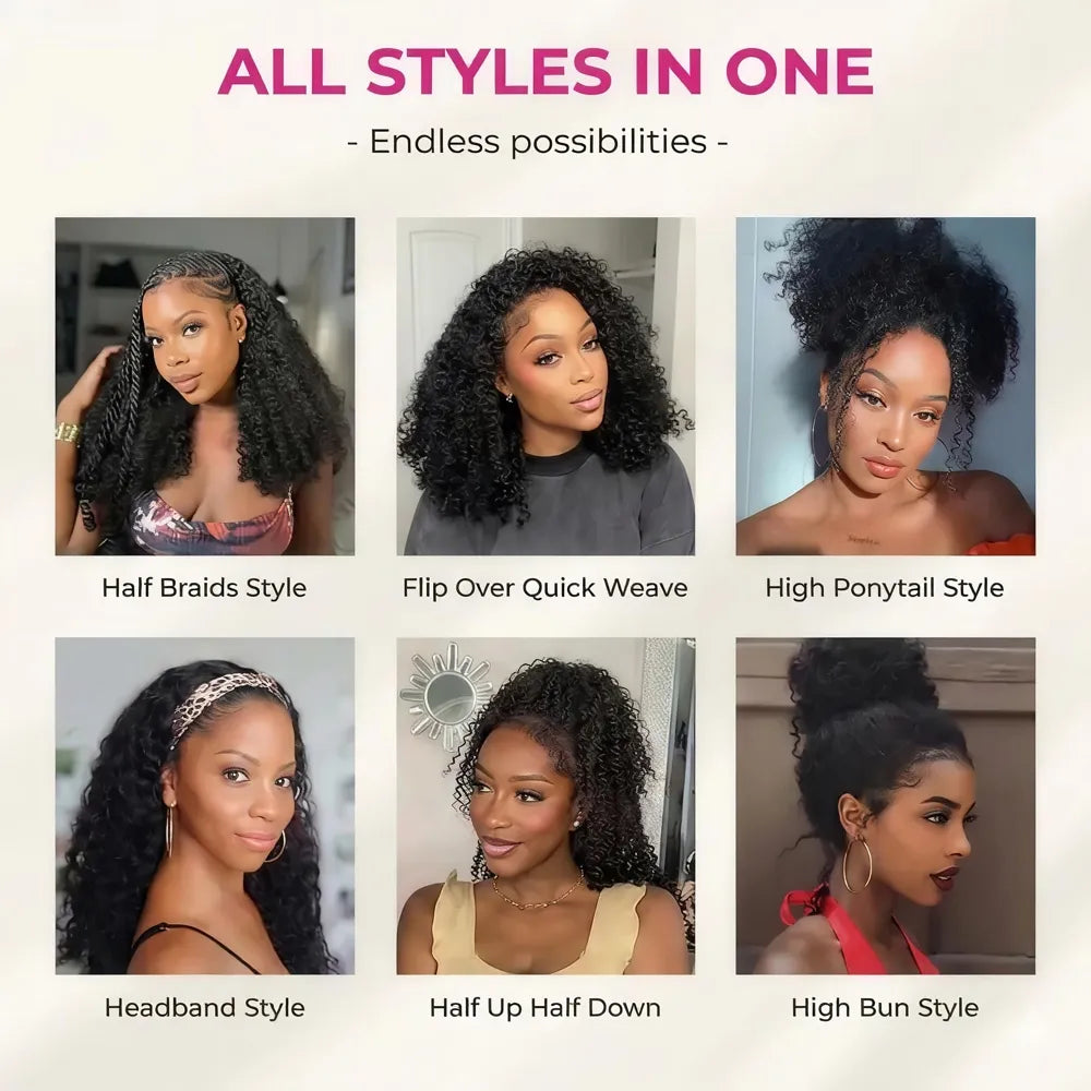 Collage showcasing six versatile hairstyles using the Mimicing glueless Water Wave half wig, including Half Braids, Flip Over Quick Weave, High Ponytail, Headband, Half Up Half Down, and High Bun styles.