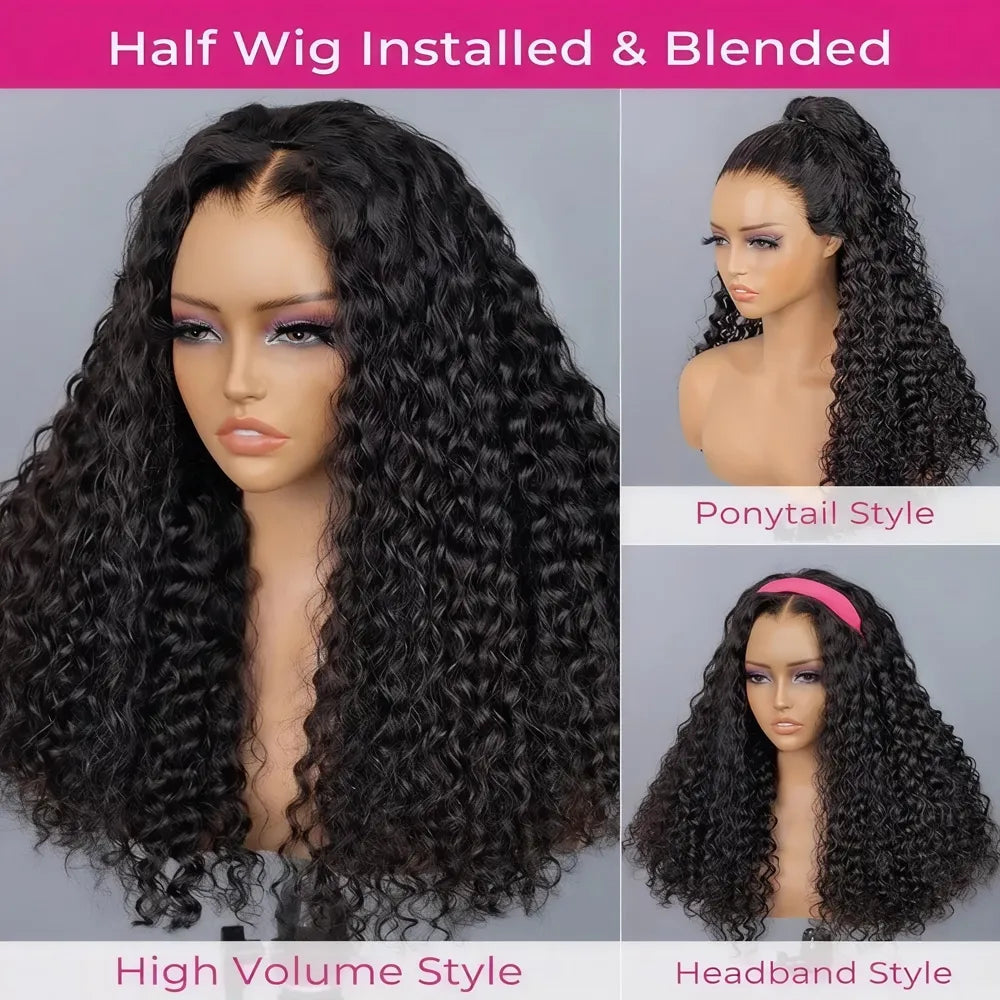Collage showcasing three versatile styling options for the Mimicing glueless Water Wave half wig: High Volume, Ponytail, and Headband styles.