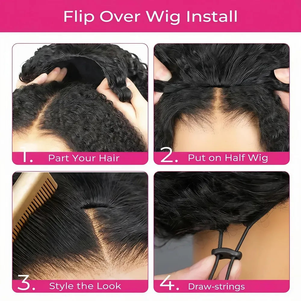 Step-by-step tutorial for the Mimicing beginner-friendly glueless half wig: 4 easy steps including hair parting, wig placement, styling, and securing the draw-strings.