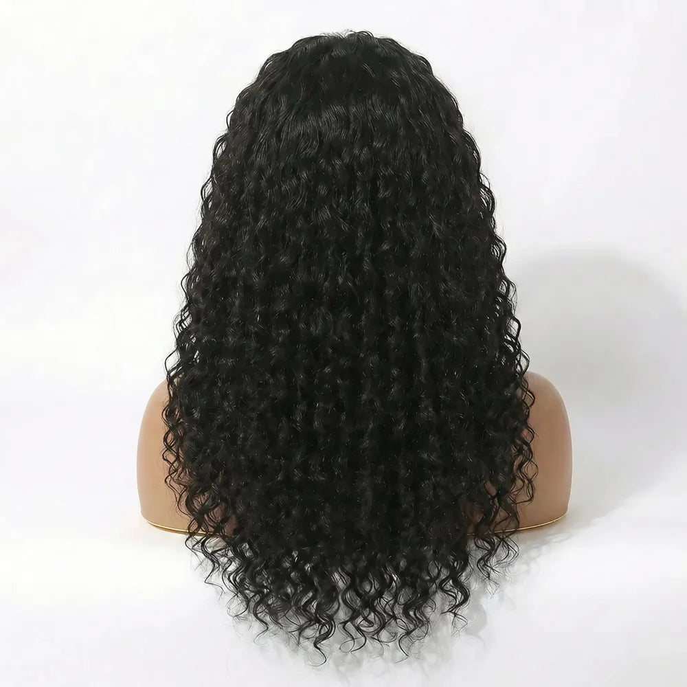 Back view of the Mimicing Water Wave glueless virgin hair half wig on a mannequin, showcasing the full volume and natural flow of the wet-and-wavy curl pattern.