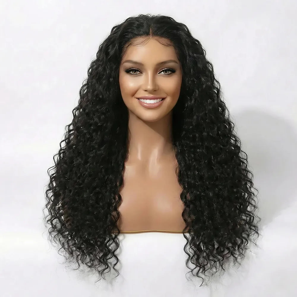 Front view of the Mimicing Water Wave glueless virgin hair half wig on a mannequin, showcasing a natural-looking hairline and voluminous, defined wavy curls.