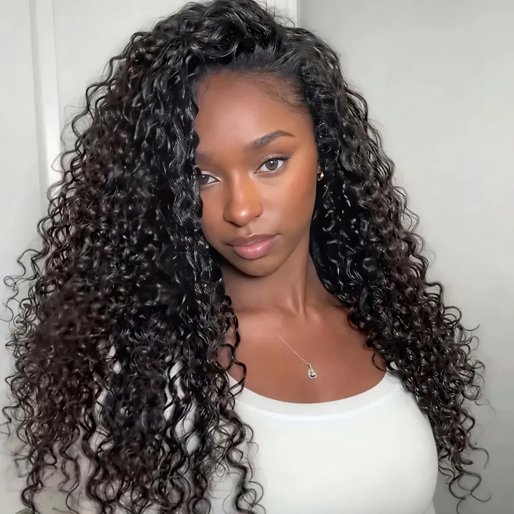 Mimicing 22-inch Water Wave glueless half wig for a voluminous and natural looking curly hairstyle with a seamless blend.