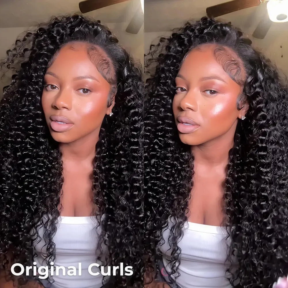 Side-by-side showcase of the Mimicing glueless Water Wave half wig, highlighting the beautiful and defined original curls for a natural, voluminous look.