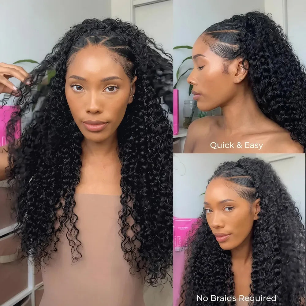Three-way collage of the Mimicing glueless water wave half wig, highlighting a quick and easy installation with no braids required for a natural look.