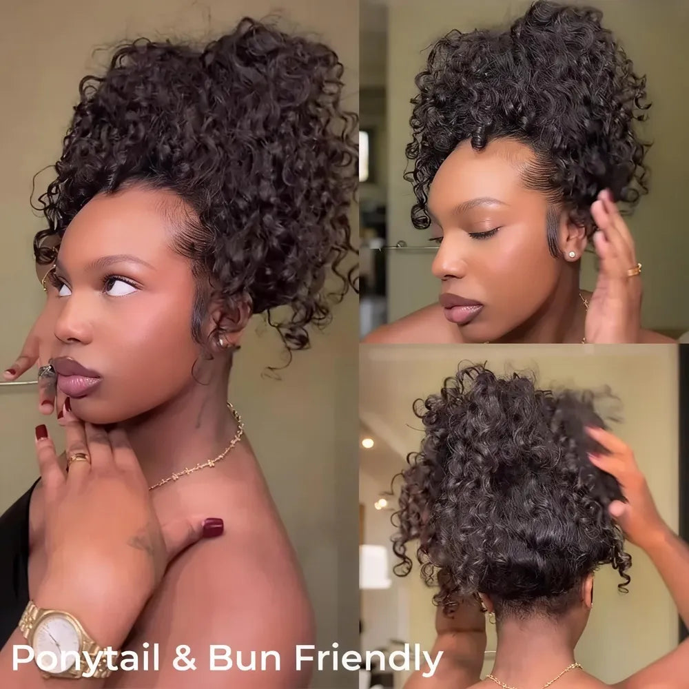 Collage demonstrating the ponytail and bun friendly design of the Mimicing glueless water wave half wig for versatile natural updo styles.